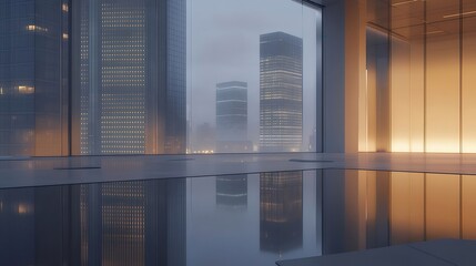 Aufkleber - 都市の建築物の反射と穏やかな光景を持つ現代的な都市の景観 抽象的なデザインの背景と静かな雰囲気