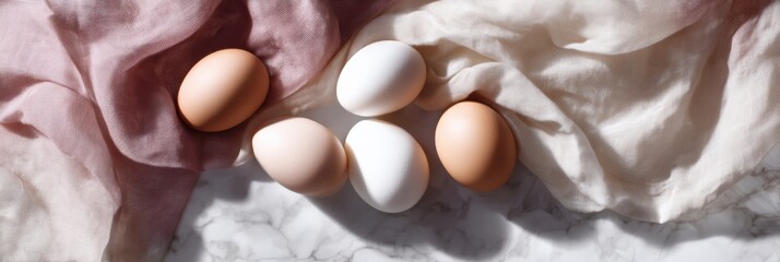 Fototapete - Stylish Arrangement of Six Eggs on Marble Surface With Soft Fabric in Natural Light Generative AI