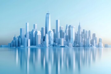 Aufkleber - 穏やかな水面反射が美しい白い都市スカイラインのミニマルな景観