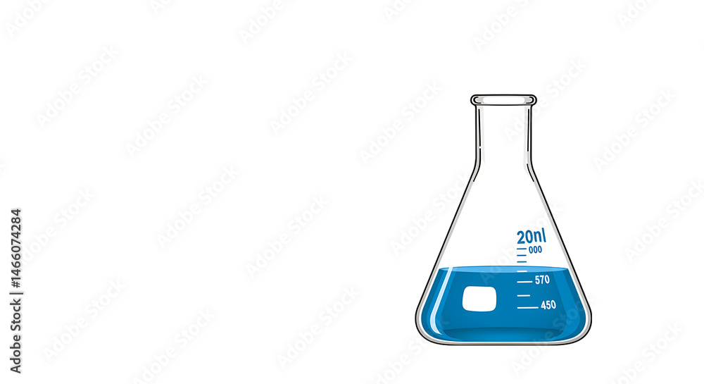 Erlenmeyer flask filled with blue liquid showing volume markings and a ...