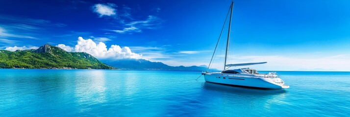 Wall Mural - Tropical Yacht in Azure Waters - Luxury yacht at anchor in a tranquil tropical bay, surrounded by lush green mountains and clear turquoise water. Perfect for travel, vacation, and luxury themes