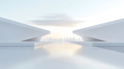 Aufkleber - 白い幾何学的構造の未来的なデザイン 抽象的な建築と都市景観 空と光の反射で見る現代のミニマリズム