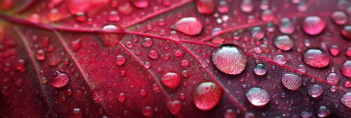 Fototapete - Raindrops Glisten on Vibrant Red Leaf Capturing Natures Beauty in Fine Detail Generative AI