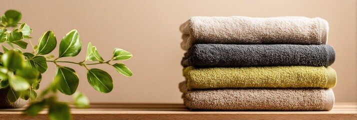 Aufkleber - Freshly Folded Towels on a Wooden Bench With Lush Greenery for a Calming Interior Atmosphere Generative AI