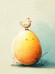Aufkleber - Sketch of a Playful Chicken Perched on a Cheerful Egg Against a Soft Pastel Backdrop for a Whimsical Feel Generative AI