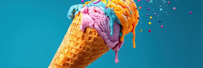Aufkleber - Colorful Ice Cream Cone Drips With Vibrant Flavors Against a Bright Blue Background Generative AI