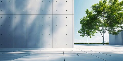 Aufkleber - コンクリート壁と緑の木のミニマルな建築背景 美しい光と影が特徴的な現代的な屋外都市景観デザイン