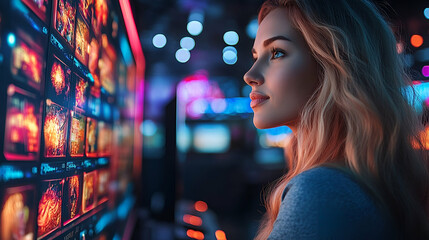 Woman using computer digital technology abstract background