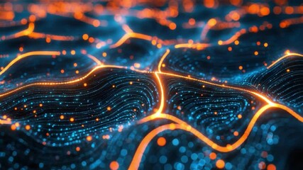 Wall Mural - abstract digital landscape with glowing particles creating flowing waves and light trails in blue an
