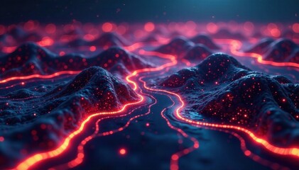 intricate network of glowing lines creates futuristic digital terrain , code, network