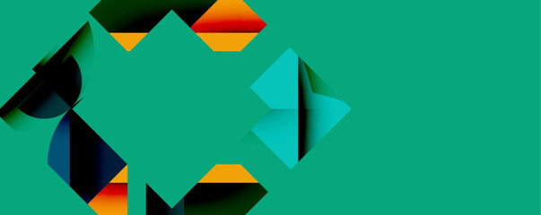Poster - Abstract geometric shapes overlap, creating vibrant color gradients. Teal background dominates composition. Modern design elements present.