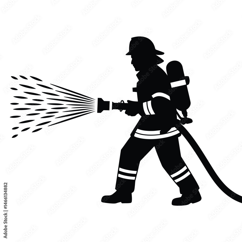Firefighter Silhouette Spraying Water from Hose