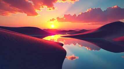 Wall Mural - Tranquil desert oasis at sunset with vibrant colors and reflections in calm water.
