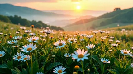 Wall Mural - Sunrise Over a Field of Daisies A Serene Landscape of Natural Beauty and Tranquility