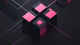 Abstract geometric design with dark background and vibrant pink accents. Interlocking 3D cubes and lines create a complex, layered visual effect