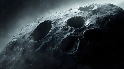 Wall Mural - asteroid with craters: a close-up of a large asteroid covered in deep craters, drifting silently thr