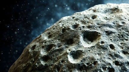 Wall Mural - asteroid with craters: a close-up of a large asteroid covered in deep craters, drifting silently thr