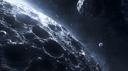 Wall Mural - asteroid with craters: a close-up of a large asteroid covered in deep craters, drifting silently thr