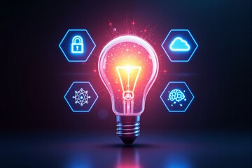 Poster - Glowing light bulb with futuristic digital icons on dark background.