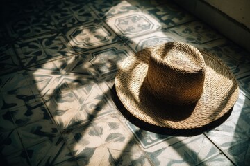 Aufkleber - Sunlight Casts Intriguing Shadows on a Straw Hat Resting on Vintage Tile Floor Adorned With Intricate Patterns Generative AI