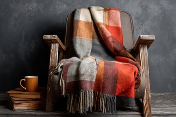 Poster - Warm Plaid Blanket Draped Over a Rustic Wooden Armchair Beside a Cozy Cup of Coffee in a Relaxing Indoor Setting Generative AI