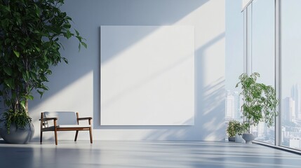 Aufkleber - Modern minimalist interior showcasing a blank canvas, with plants and a chair. Sunlight streams in through a large window