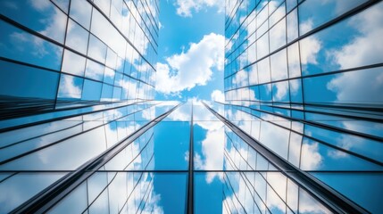 Poster - Modern skyscrapers reflecting a vibrant blue sky with clouds