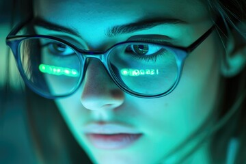 Fototapete - Woman in glasses intensely focused on a computer screen reflecting green code.