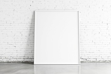 Poster - Blank white frame leaning against white brick wall.