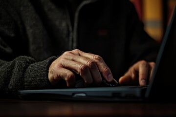 Poster - A person's hands using a computer mouse and keyboard in low light.