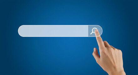 a hand clicks the search icon on a digital interface