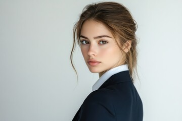 Poster - A young woman with brown hair, wearing a dark blazer and white collared shirt, looks over her shoulder.