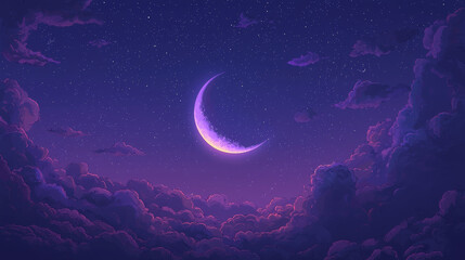 Wall Mural - Bright crescent moon shining in a violet sky with soft clouds and scattered stars
