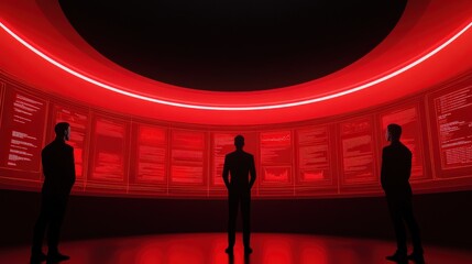 three silhouettes studying data in a red-lit control room