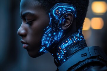 Aufkleber - A young person with a futuristic, glowing blue cybernetic implant integrated into their head and neck.