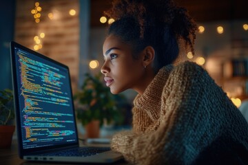 Fototapete - A young woman intently studies lines of code displayed on her laptop screen in a cozy, dimly lit room.