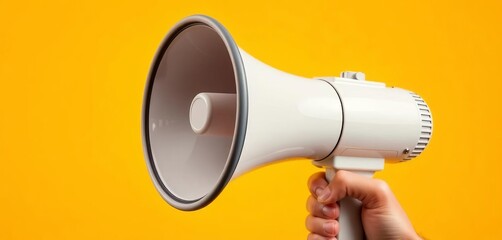 Wall Mural - Close-up of hand holding megaphone against vibrant yellow background, business, broadcast