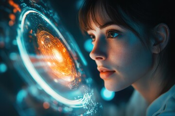 Poster - A young woman gazes intently at a futuristic, swirling, vibrant holographic display of cosmic energy.