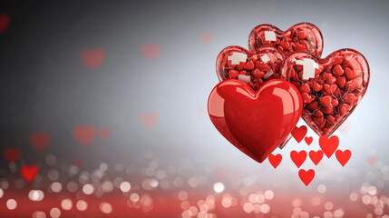 Poster - Red heart shapes, glossy and filled with small hearts, float on soft bokeh background, creating romantic and dreamy atmosphere perfect for love and Valentine Day themes