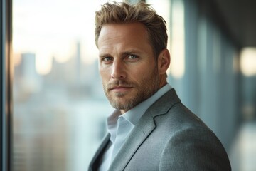 Poster - Confident businessman standing near window in a modern office, serious expression.