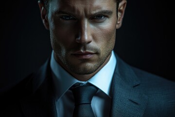 Poster - A serious, intense close-up portrait of a man in a suit.