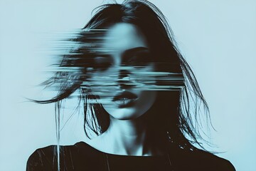Women, regression, degradation, black and white, glitch effect, minimalism, soft blue isolated background