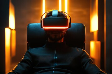 Poster - A man sits in a chair wearing a VR headset, immersed in a virtual world.