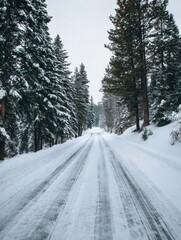 Poster - Snow-covered Road With Tire Tracks Winding Through Tall Pine Trees in a Tranquil Winter Landscape Generative AI