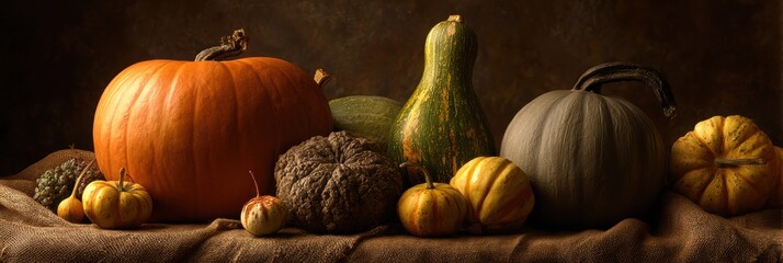Aufkleber - Harvest Still Life of Pumpkins and Squash Illuminated by Warm, Soft Lighting Creating a Rustic Autumn Ambiance Generative AI
