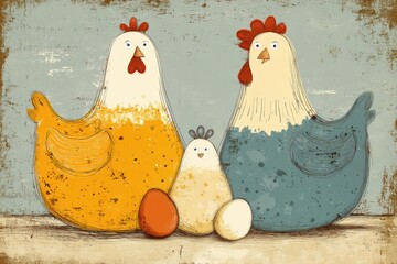 Poster - Whimsical Cartoon Hens With Colorful Eggs in Rustic Setting on a Sunny Day Generative AI