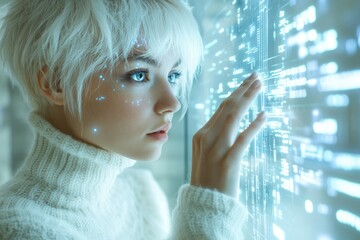 Poster - A young woman with short white hair interacts with a futuristic, glowing digital interface.