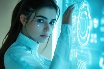 Poster - A futuristic woman interacts with a holographic interface, showcasing advanced technology and a cyberpunk aesthetic.