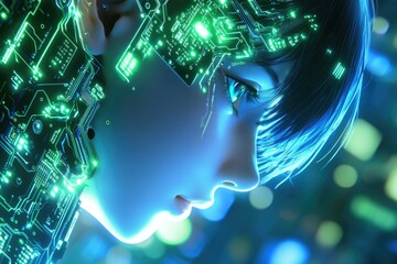 Poster - A futuristic depiction of a cyborg's profile, glowing circuits integrated into their face, suggesting advanced technology and human-machine integration.