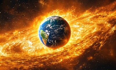 Wall Mural - a stunning cosmic scene featuring earth amidst a fiery, swirling galaxy, symbolizing creation